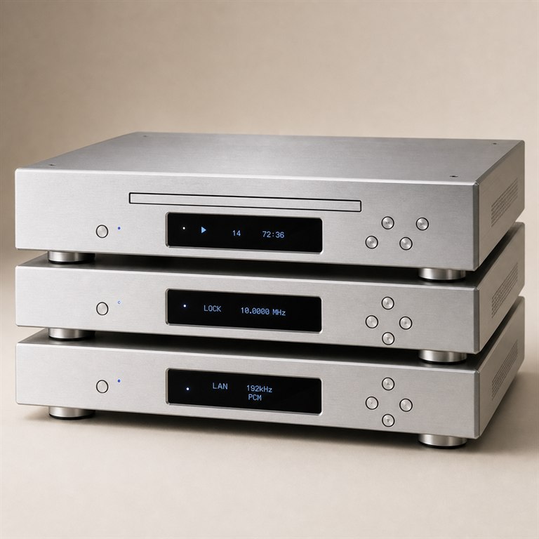 Three-component digital playback stack with transport, master clock, and network DAC