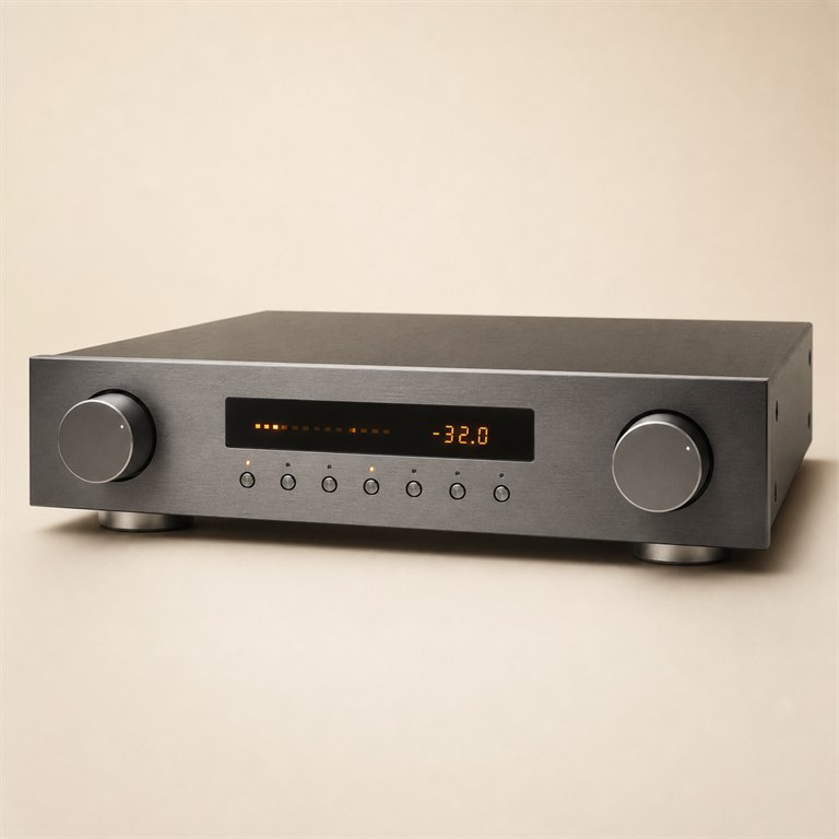 Reference stereo preamplifier with slim chassis, display, and two control knobs