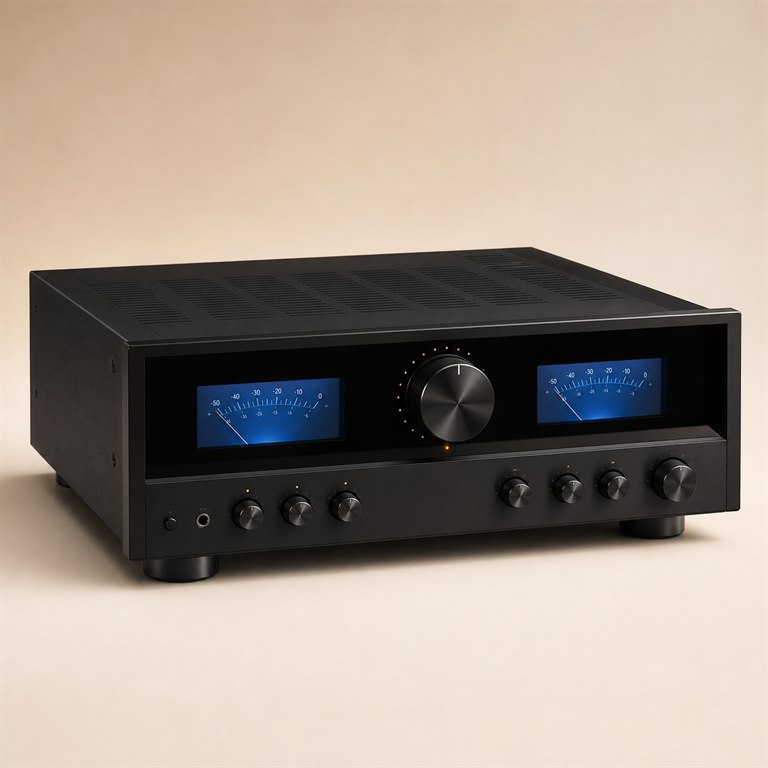 High-end integrated stereo amplifier with dual power meters and precision controls