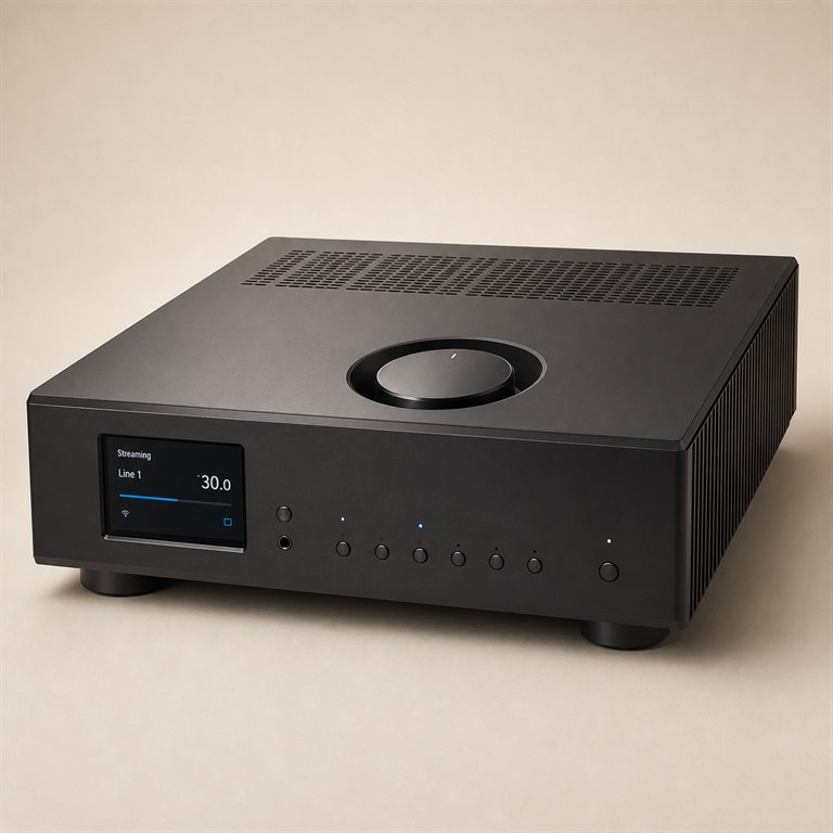 Modern streaming integrated amplifier with top-mounted volume control and front display