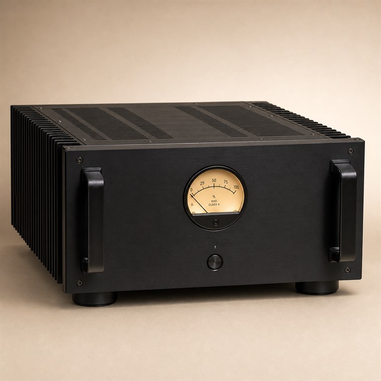 Heavy Class A power amplifier with large heat sinks, front handles, and bias meter