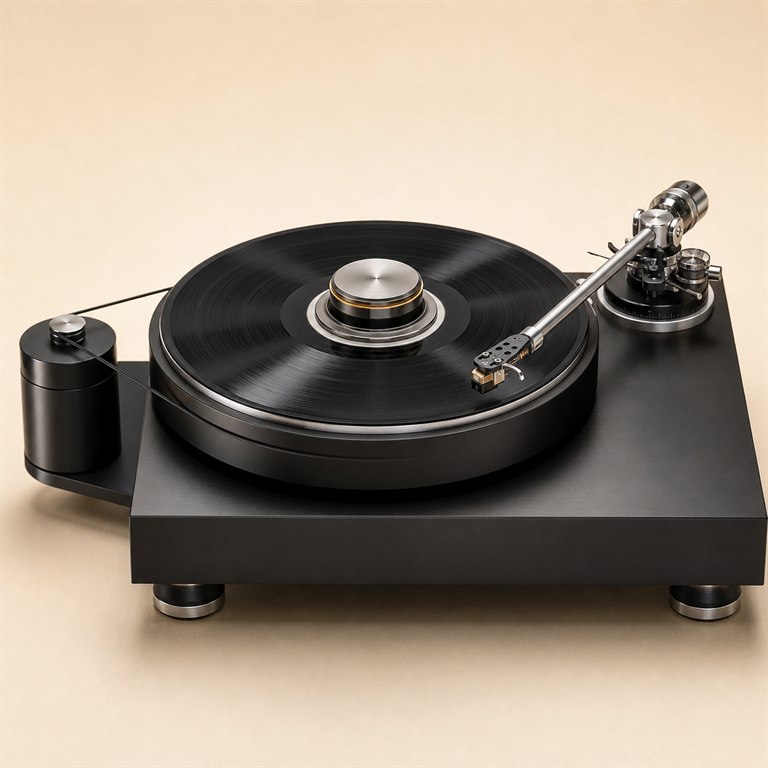 Belt-drive turntable with platter, record clamp, outboard motor, tonearm, and cartridge