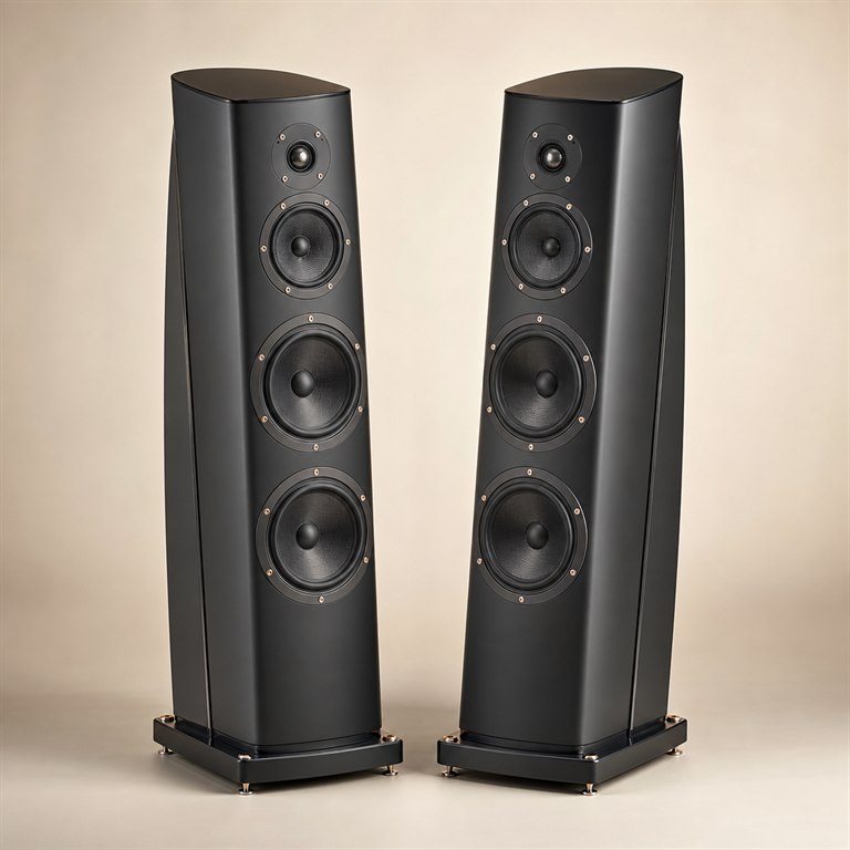 Matched pair of high-end floorstanding loudspeakers with tweeters, midrange drivers, and woofers